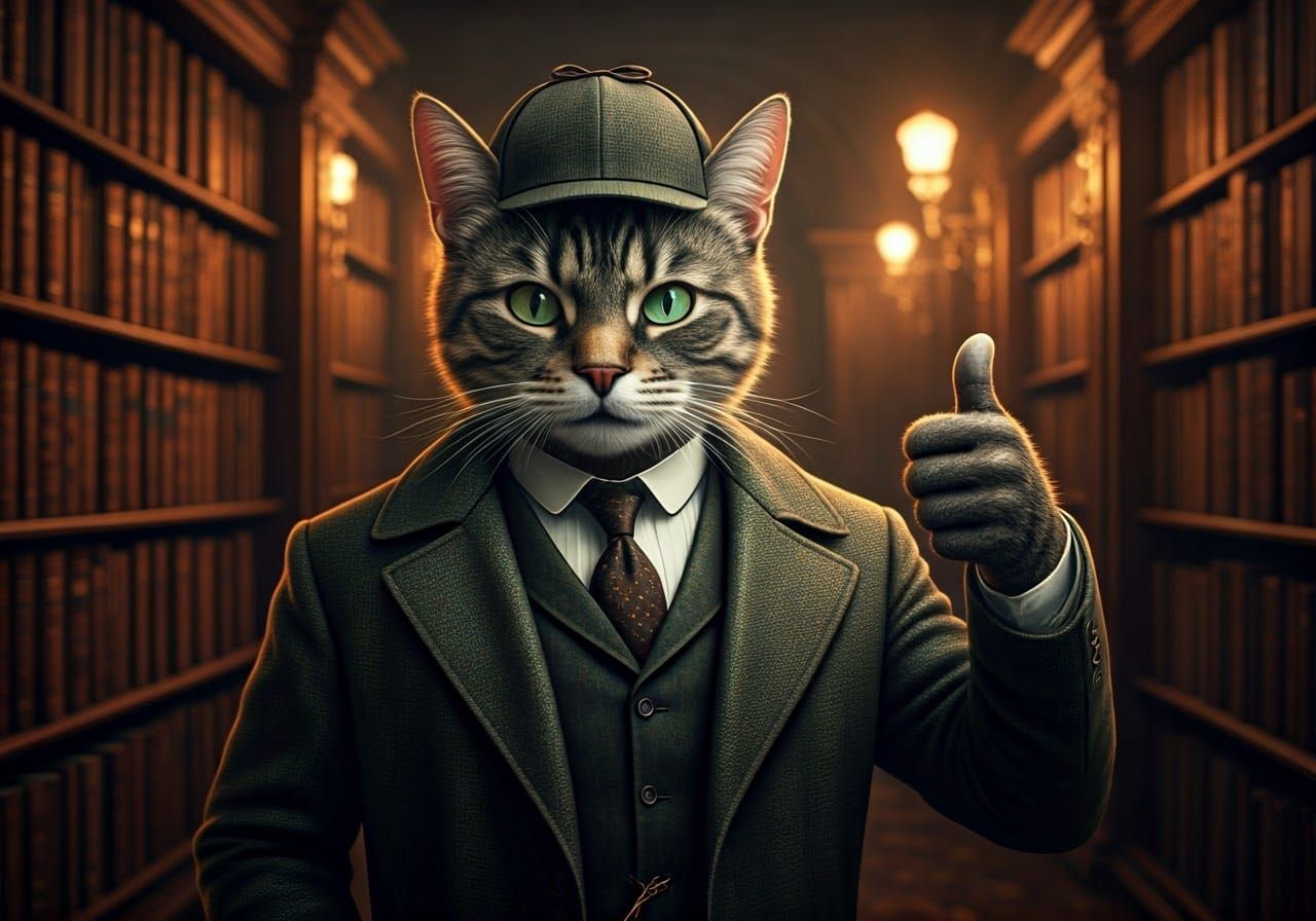 Victorian-Era Cat Detective in Elegant Library Setting