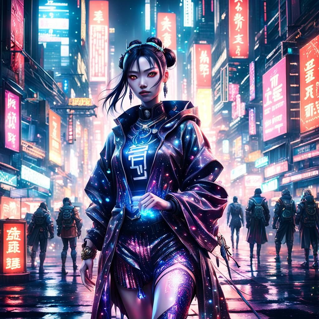 Cyberpunk Chinese Girl in Fantasy Cityscape