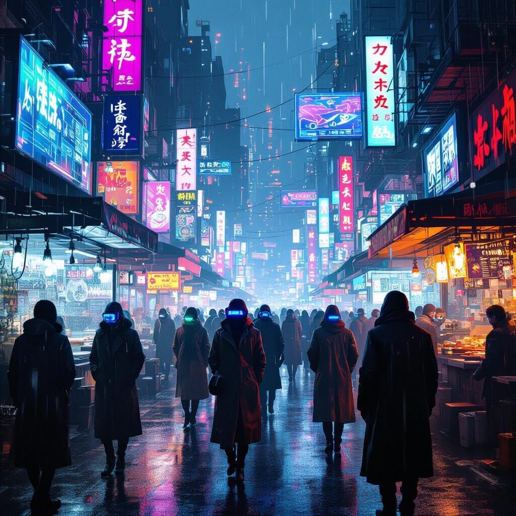 Cyberpunk Market Scene with Neon Lights