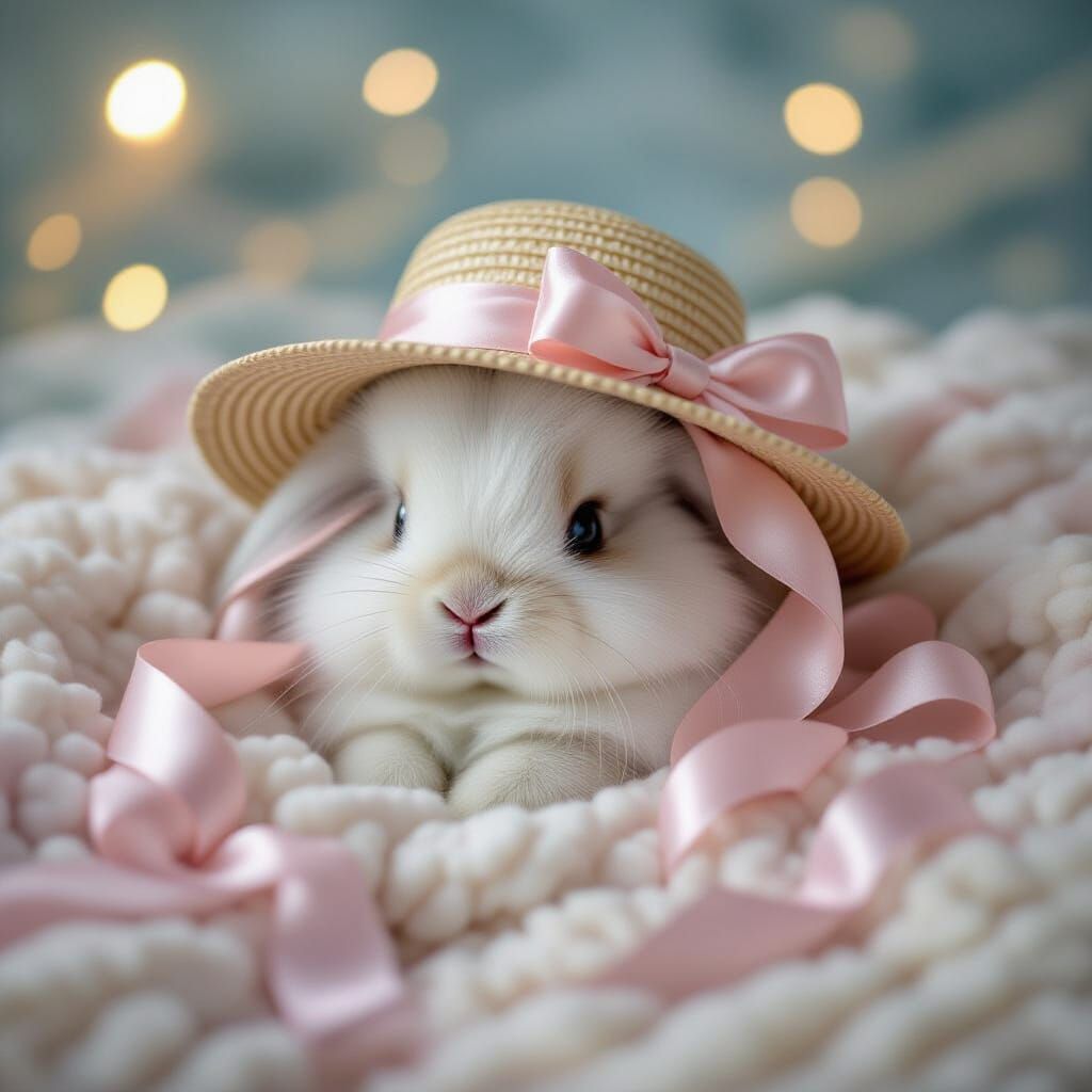 Fluffy White Bunny in Straw Hat with Pink Ribbons
