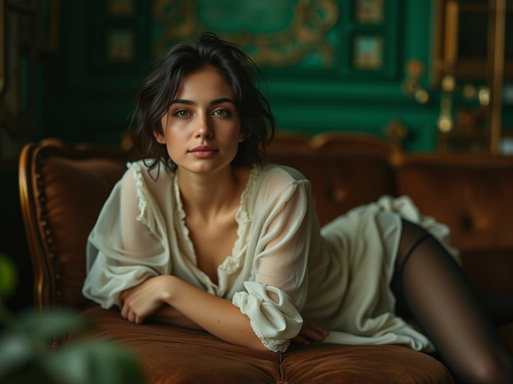Woman on Couch in Boudoir, Photorealistic Style