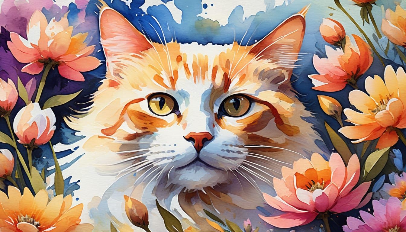 Gouache Dream Cat Amidst Vibrant Blooms