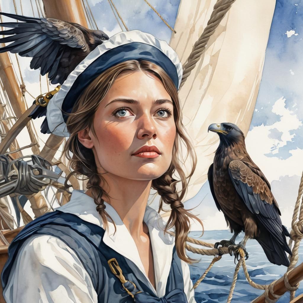 Whimsical Watercolor of Sailor and Eagle