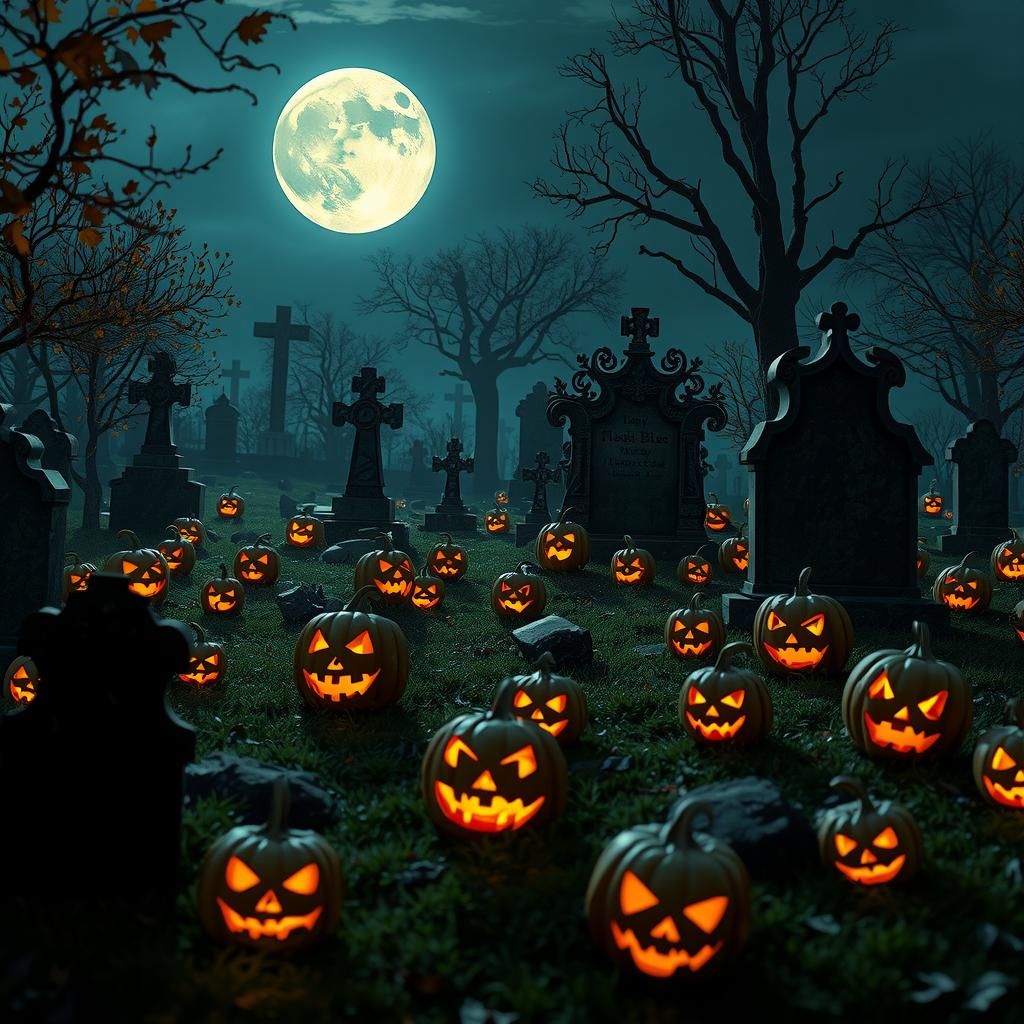 Photorealistic Graveyard with Jack-o-Lanterns and Ghosts