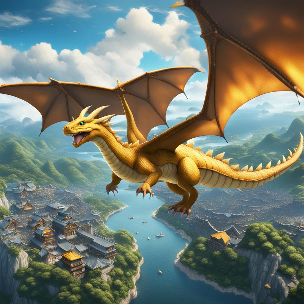 Dragonite Over Kitakami: Detailed Matte Painting