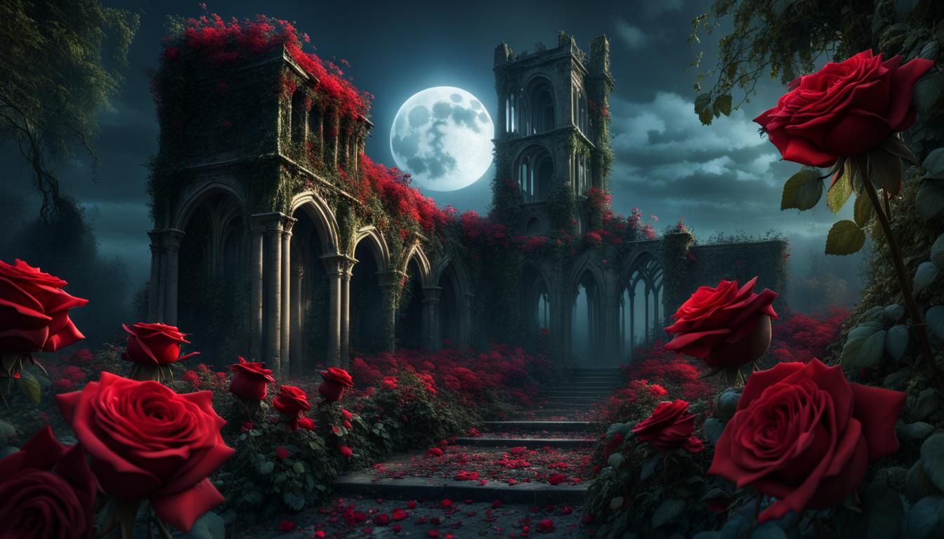 Overgrown Red Roses Around Gothic Abbey Ruins
