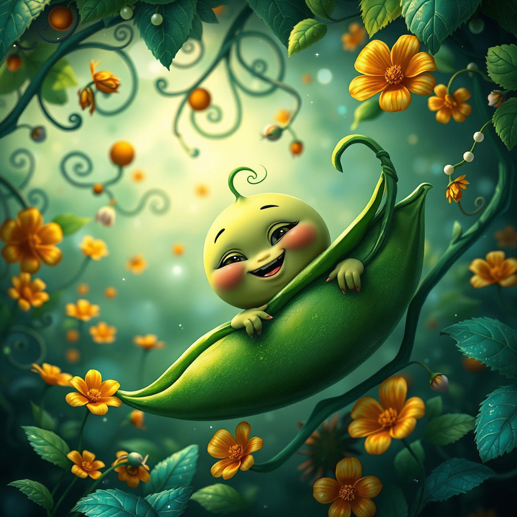 Smiling Pea in Fantasy Garden, Digital Matte Painting
