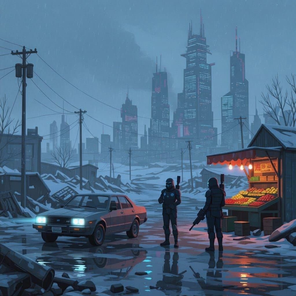 Postapocalyptic Nordic Cityscape with Sci-Fi Guards