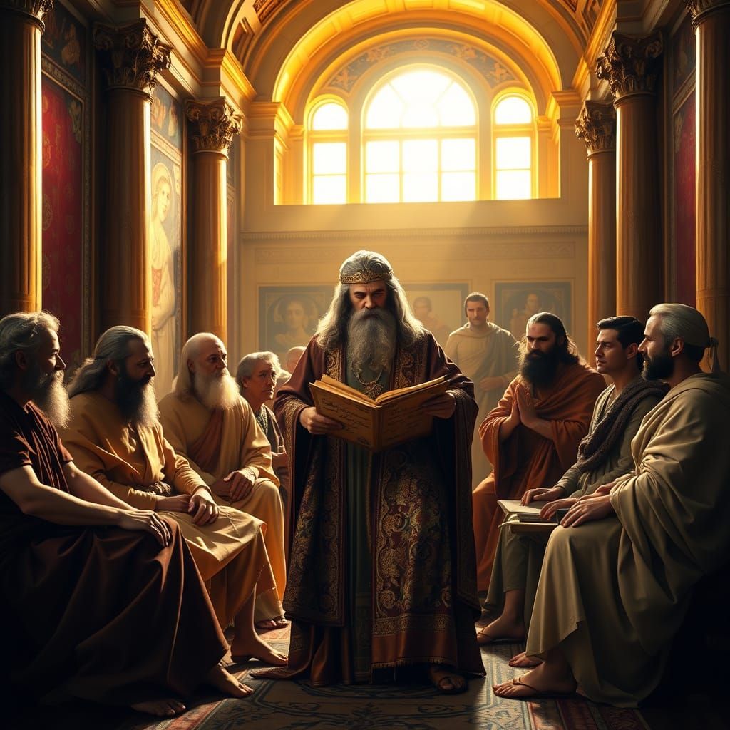 Godly Council in Golden Light, Renaissance-Style Oil Paintin...