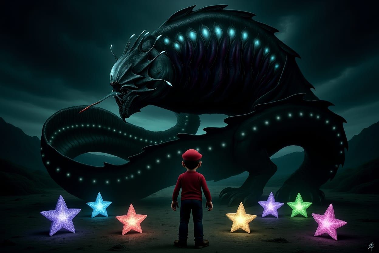 Five-Headed Dragon Towers Over Mario at Earth's Center