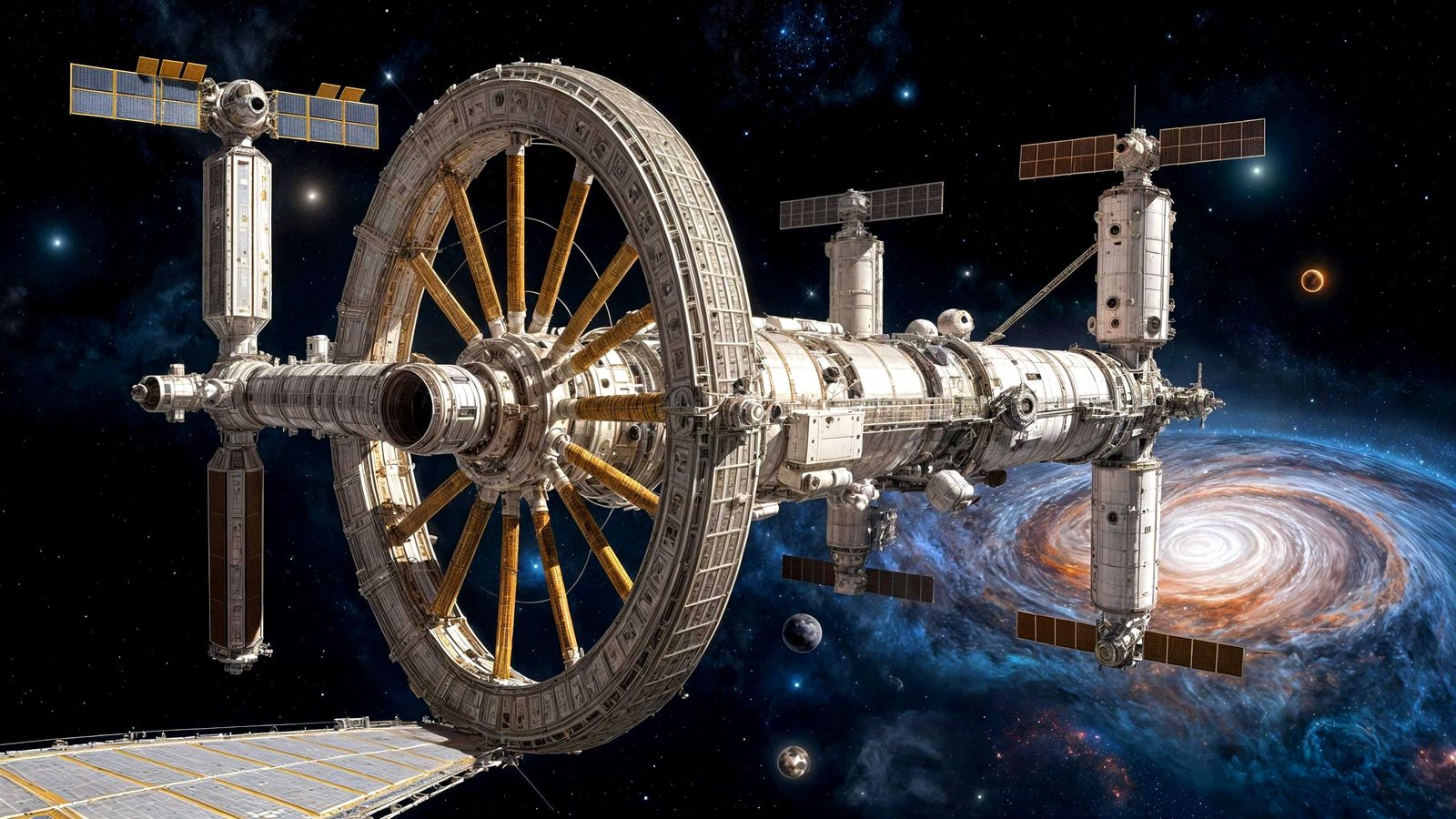 Massive Metallic Space Station Amidst Starry Galaxies