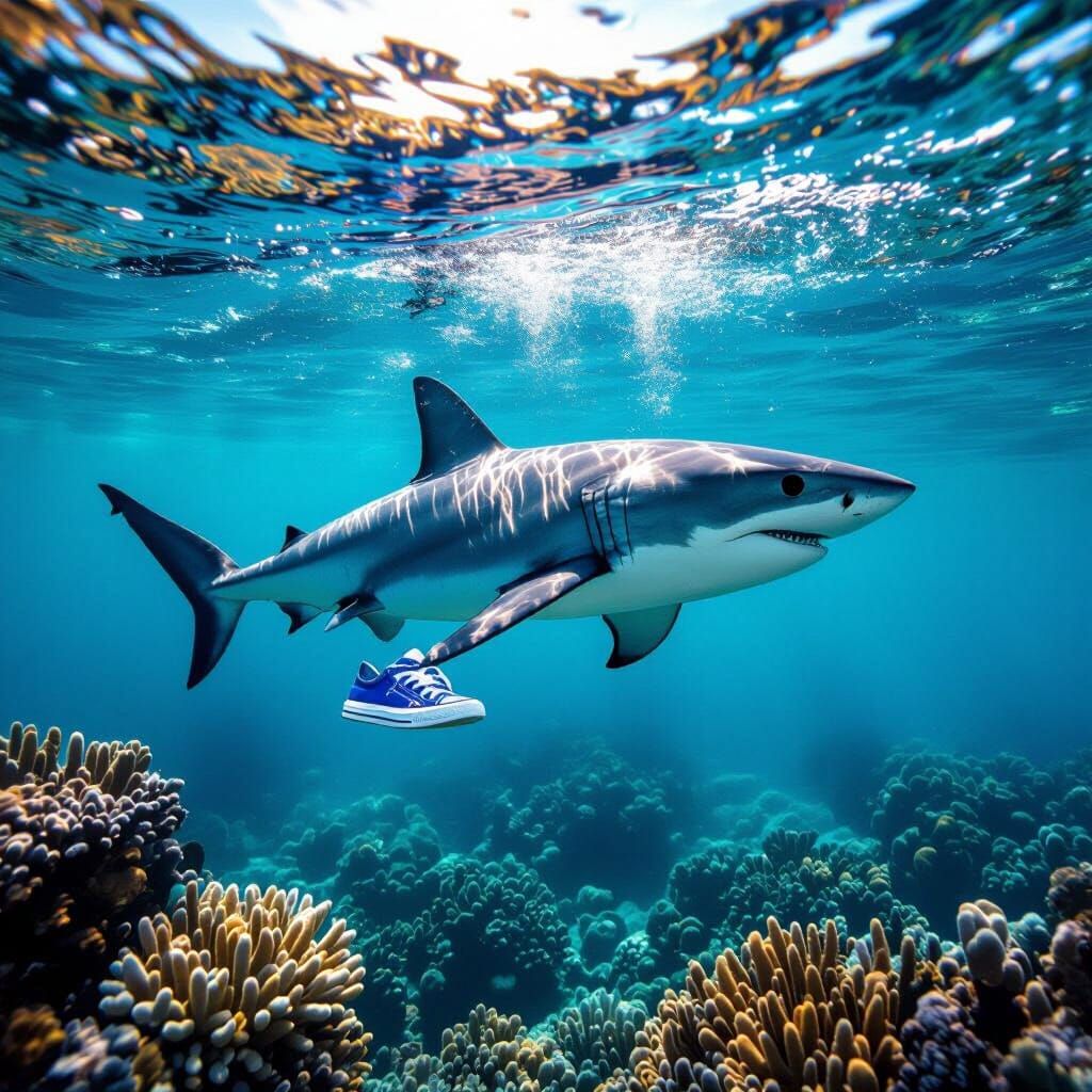 Cute Shark in Blue Sneakers Swims Ocean Depths
