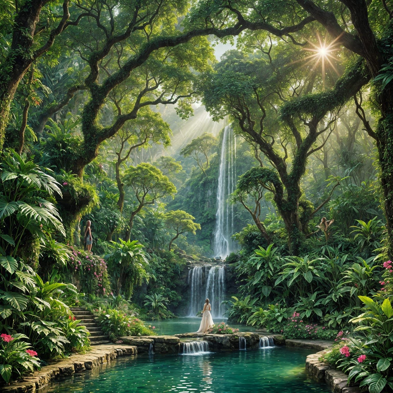 Lush Jungle Waterfall Scene in Ethereal Style
