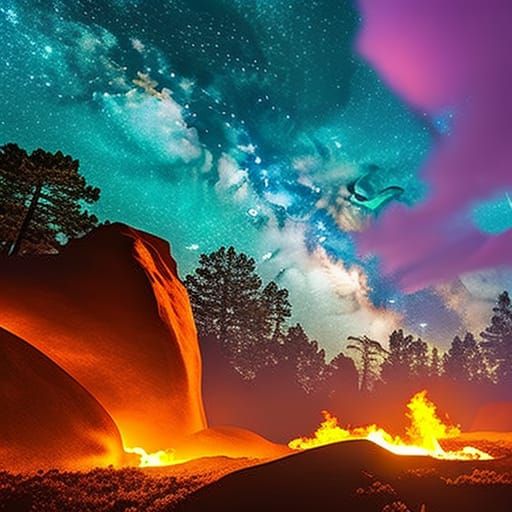 Fiery Knight in Starry Dark Fantasy Landscape