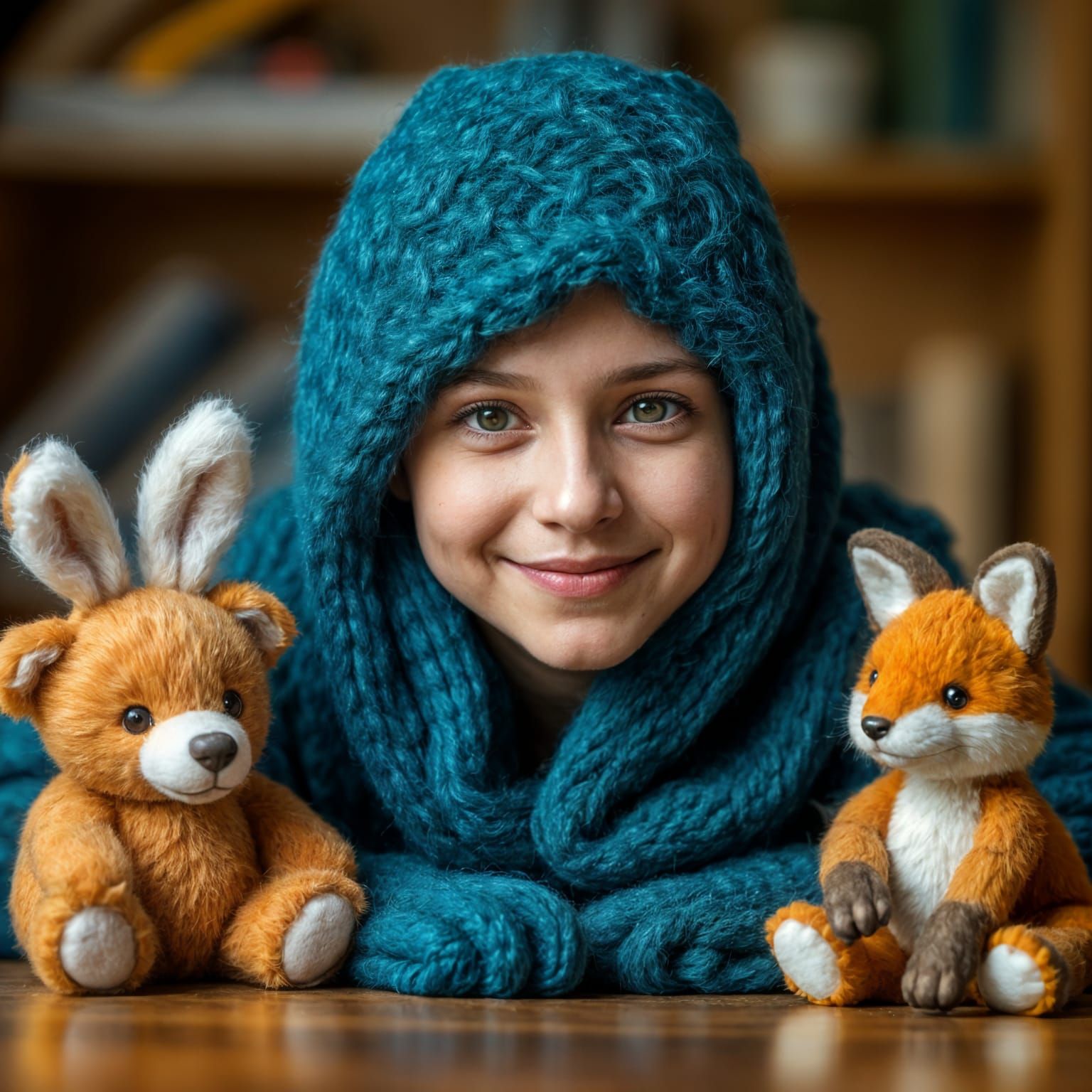 Wool Bear, Bunny, and Fox Portrait with Bokeh