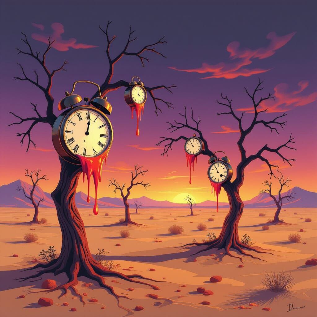 Surreal Autumn Desert with Melting Clocks