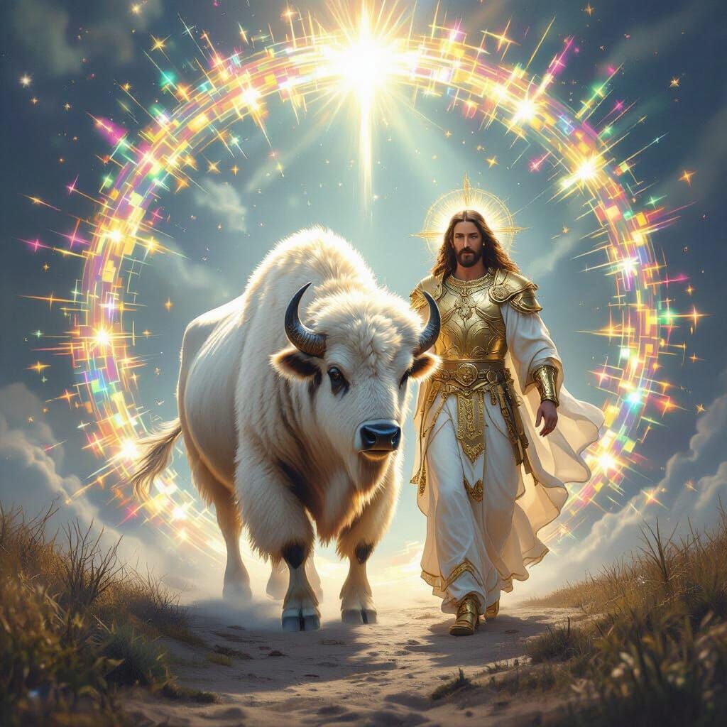 White Buffalo Guided Through Portal by Armored Figure