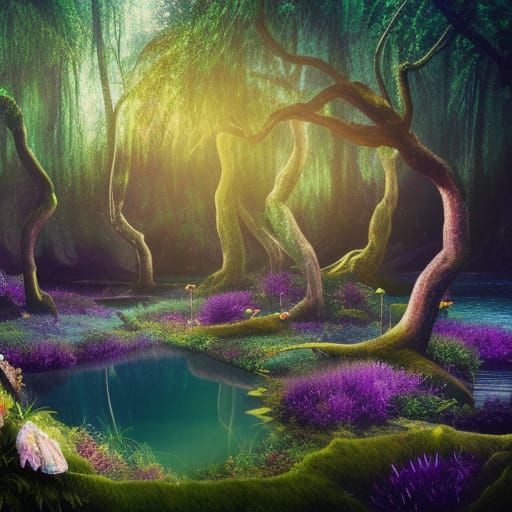 Enchanted Lagoon in Mystical Forest at Twilight