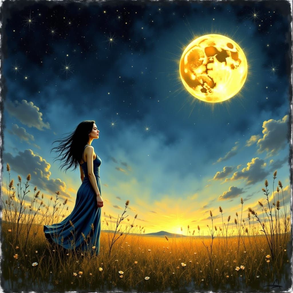 Woman Under Golden Moon: Dreamy Digital Art