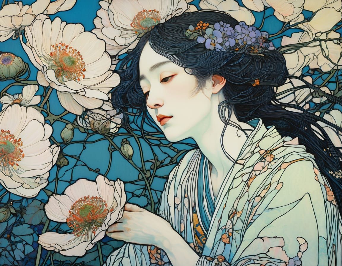 Intricate Anemone Flowers in Pastel Spring Landscape