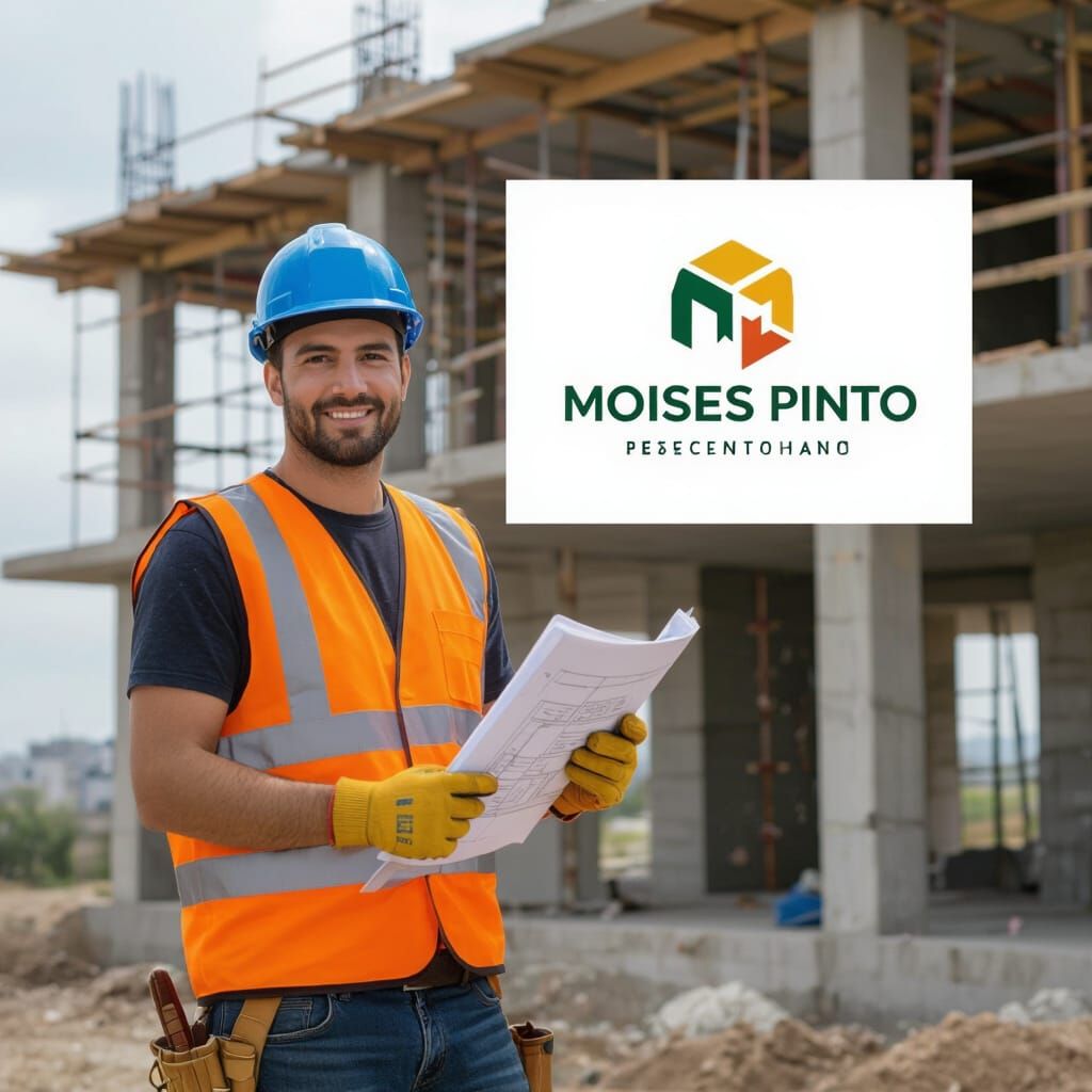 Construction Worker with Moises Pinto Logo at Building Site