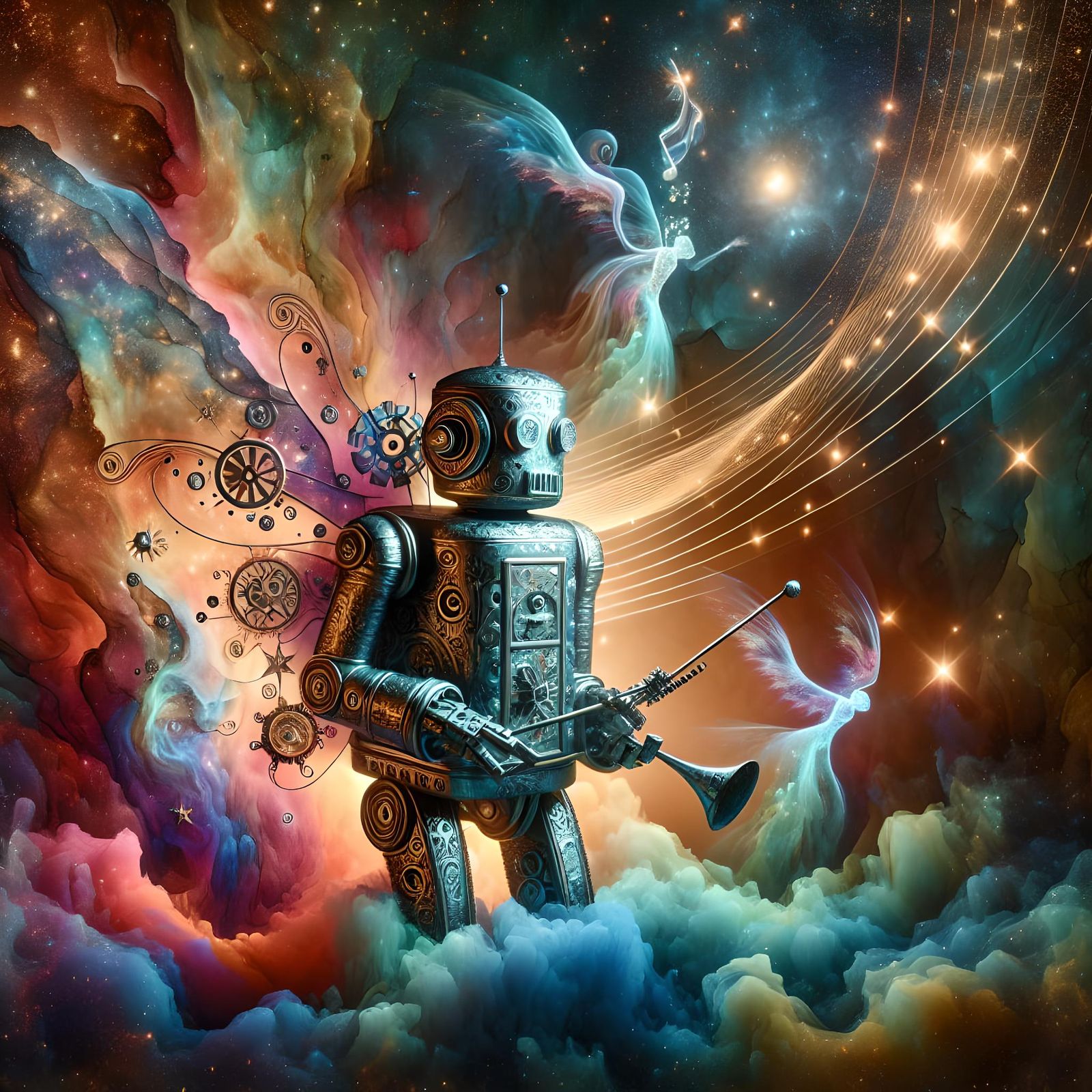 Cosmic Serenade: Steampunk Robot in Space