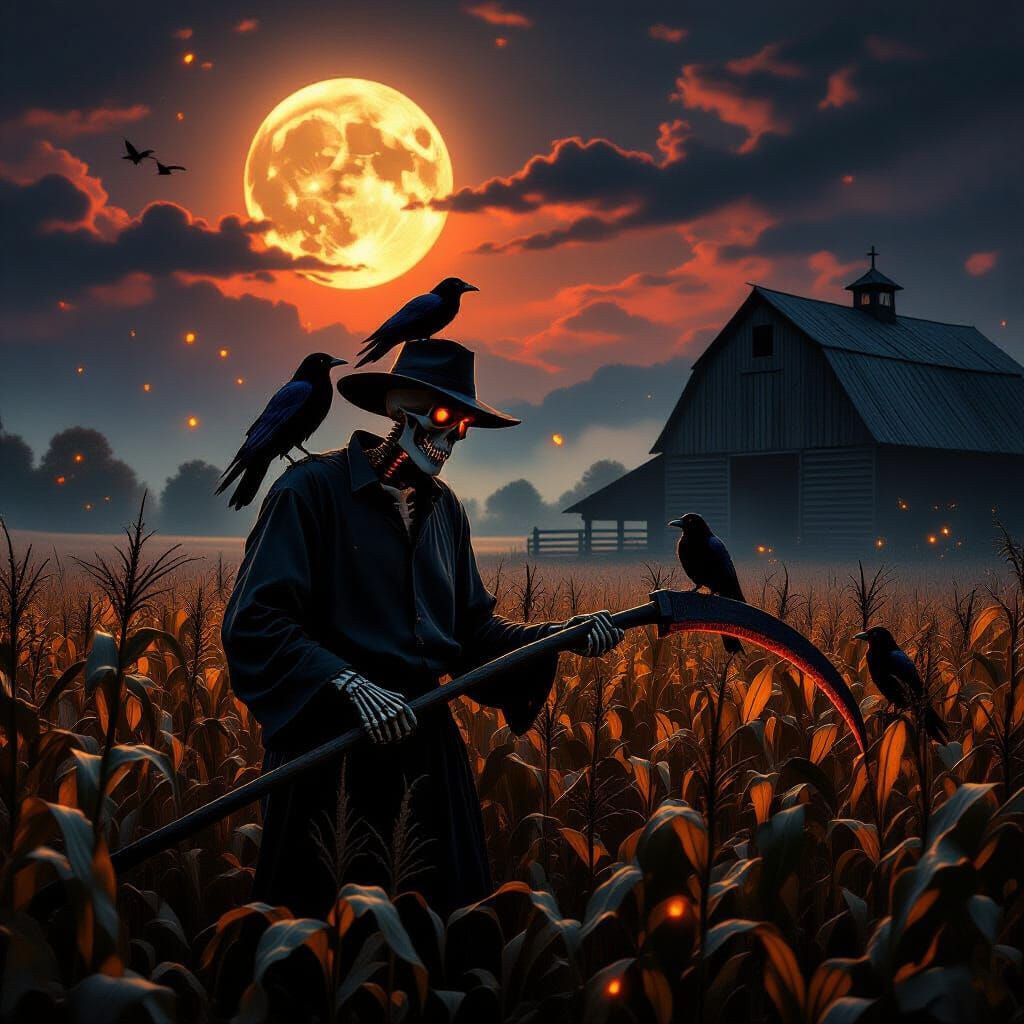Skeletal Farmer Under Harvest Moon