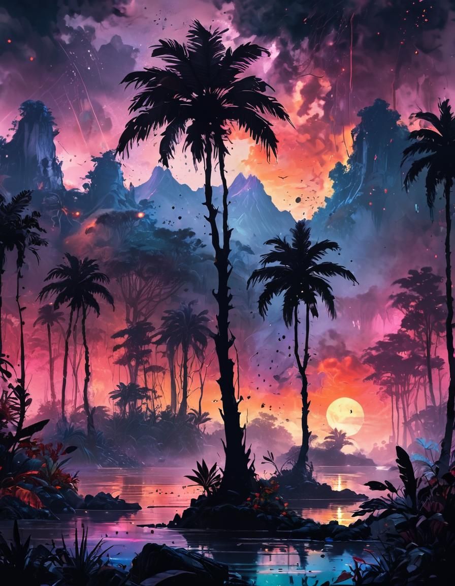 Vaporwave Rainforest Sunset with Blood Moon