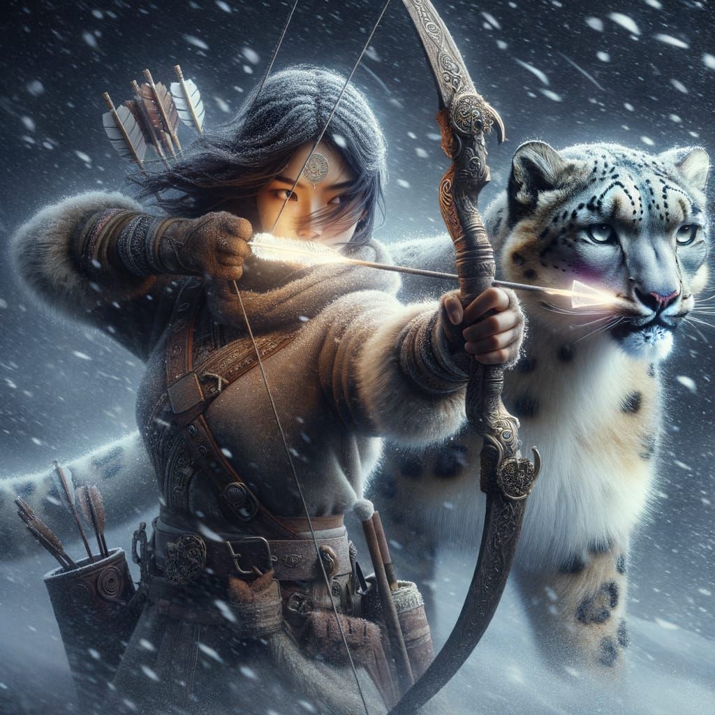 Archer and Snow Leopard in Fierce Blizzard
