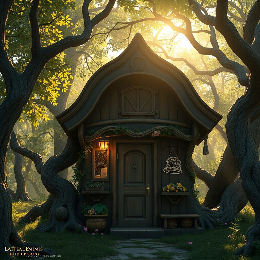 Whimsical Woodland Hat Shop Illuminated by Warm Sunlight