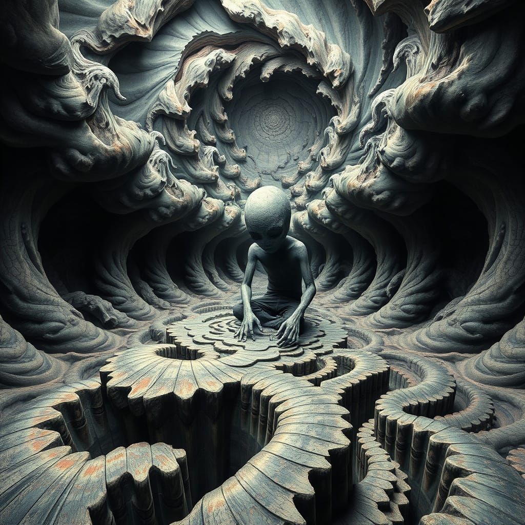 Disoriented Figure Trapped in Paradoxical Labyrinth