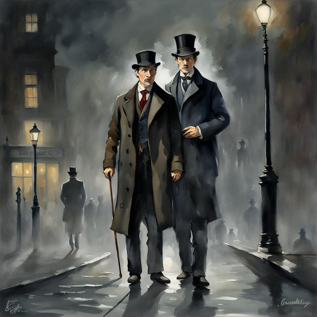 Sherlock Holmes and Gentleman in Foggy London, Gouache Style