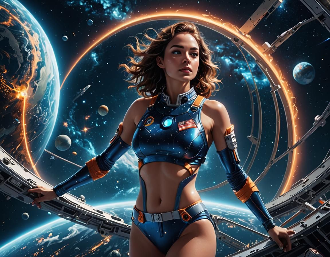 Confident Astronaut Girl in Impossible Outer Space