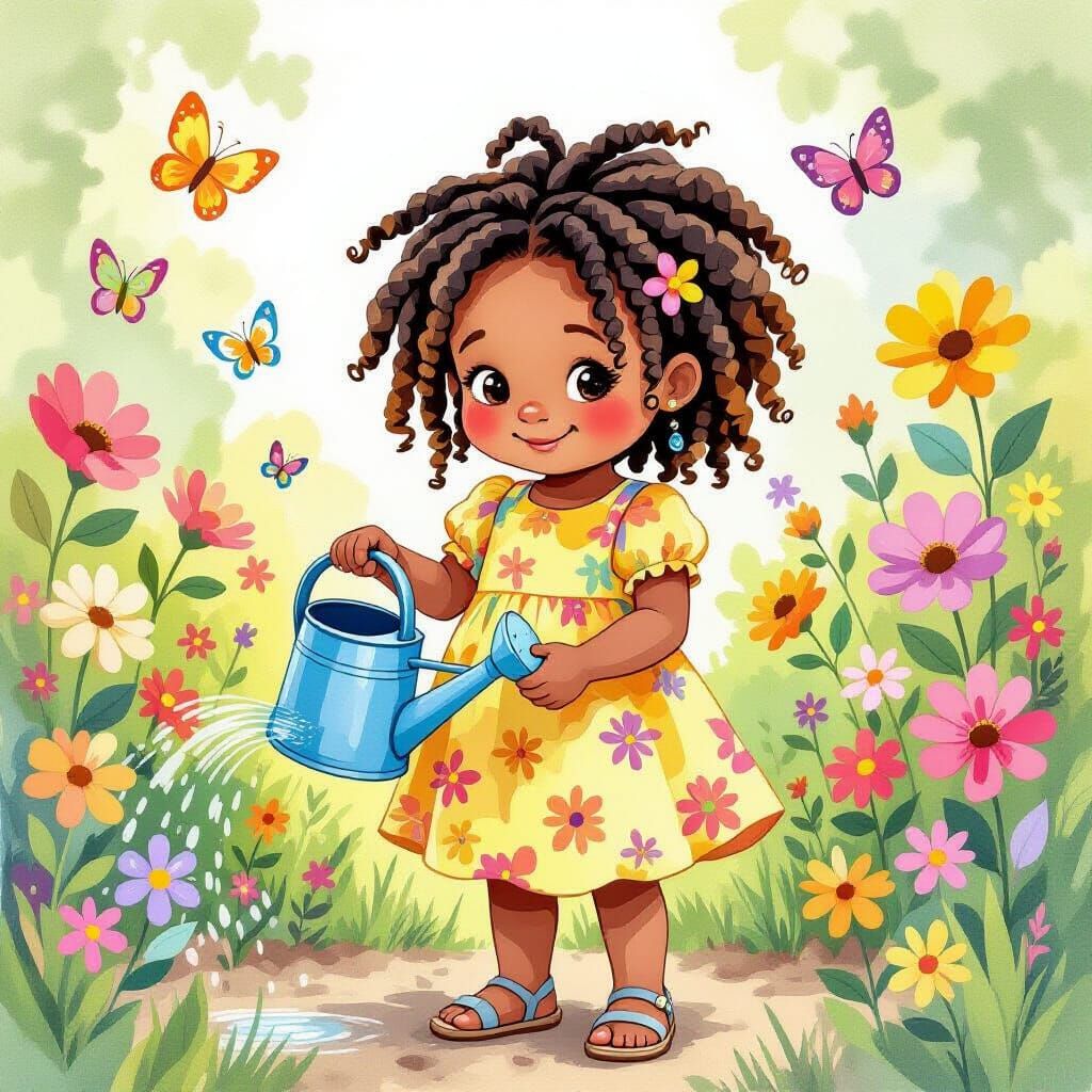 Girl with Braids in Vibrant Garden, Watercolor Style