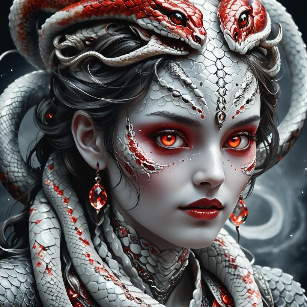 "A vibrant, hyper-realistic female mythical woman serpent hu...