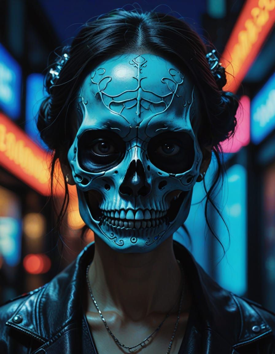 Gothic Japanese Lady Skull in Neon Tokyo Style