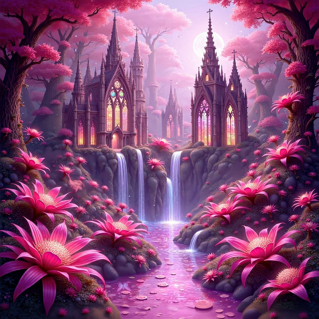 Pink Castle in Bioluminescent Jungle
