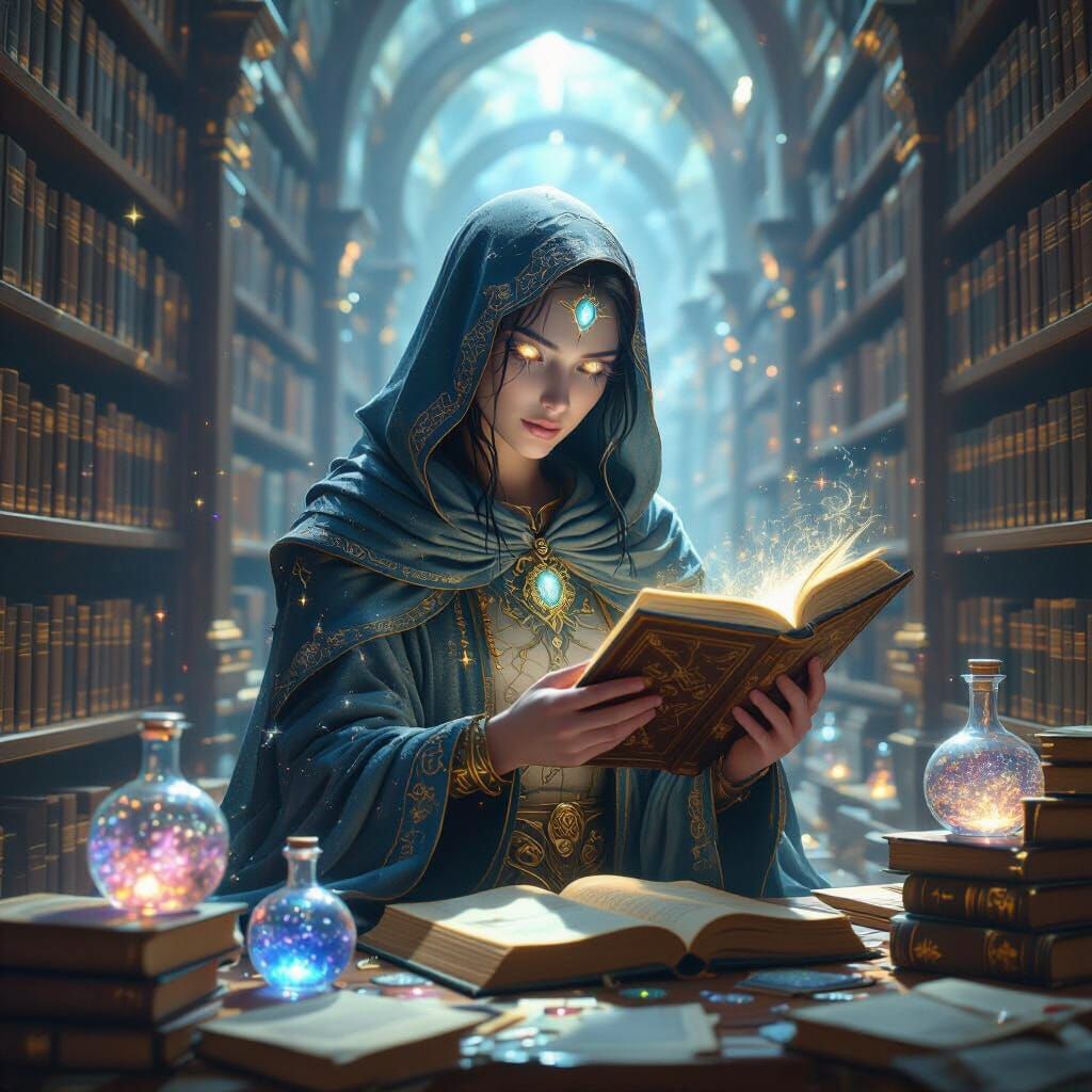 Celestial Librarian Catalogs Universe Secrets in Psychedelic...