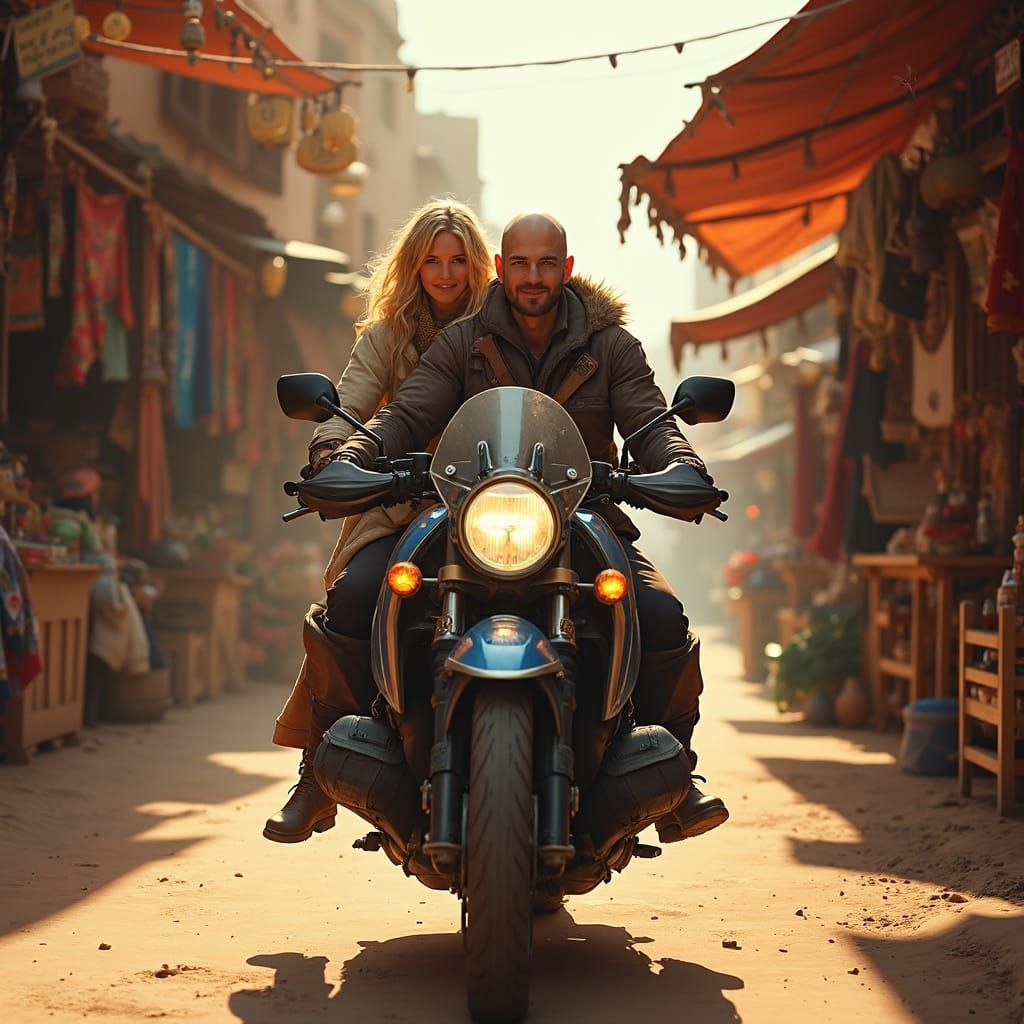 Biker Couple Rides BMW GS 1200 Through Moroccan Marketplace