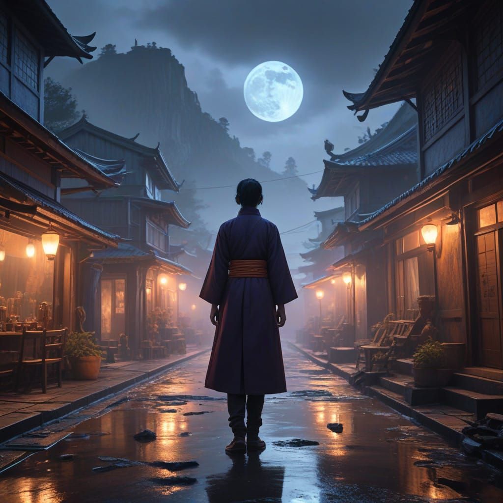 Moonlit Duel in a Dreamlike Village