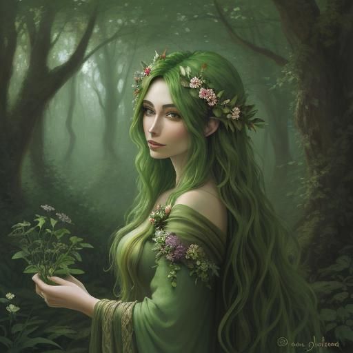 Enchanting Dryad with Flowing Flower Hair
