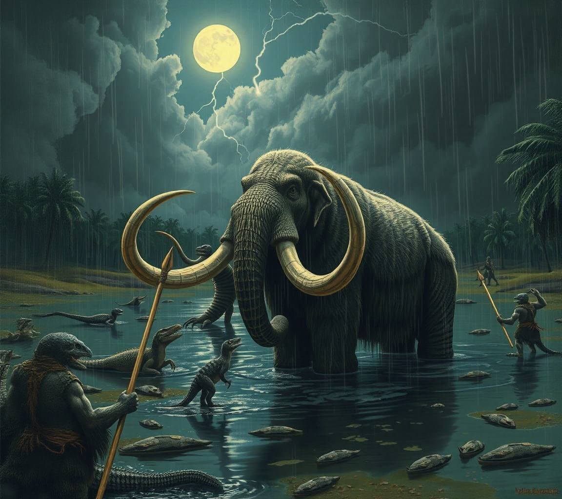 Surreal Reptilian Humanoids Hunt Mammoth in Lagoon