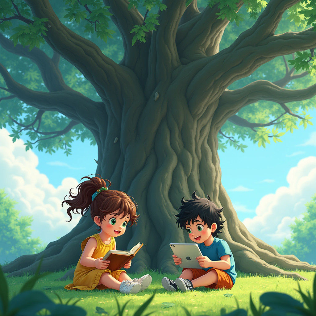 Girl Reading Under Tree in Anime Style