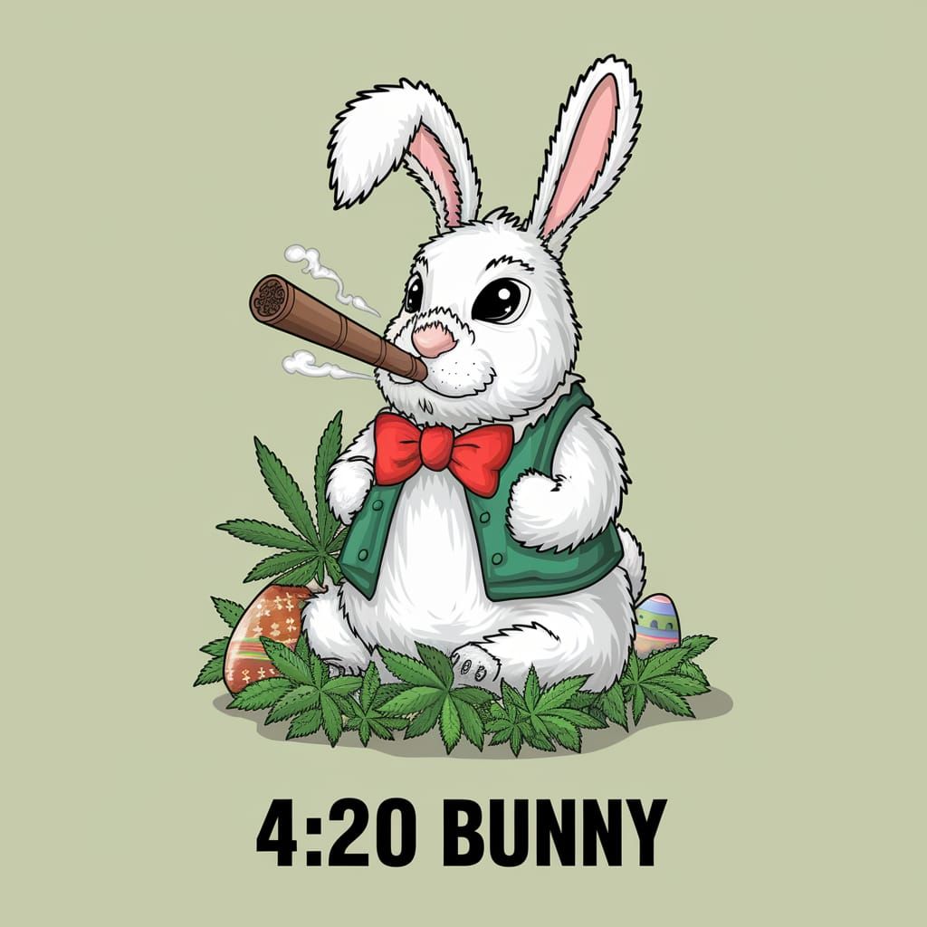 An Easter Bunny smoking a blunt with marijuana all around him "4:20 bunny" is written below