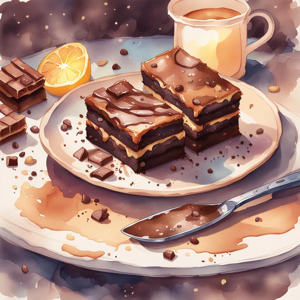 Watercolor Brownie with Melting Chocolate, Anime Style