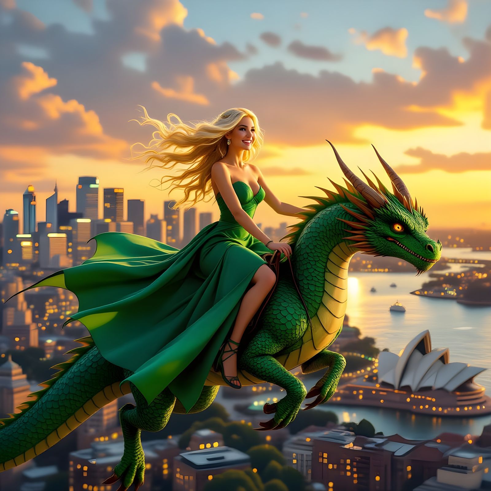 Blonde Woman Rides Green Dragon Over Sydney