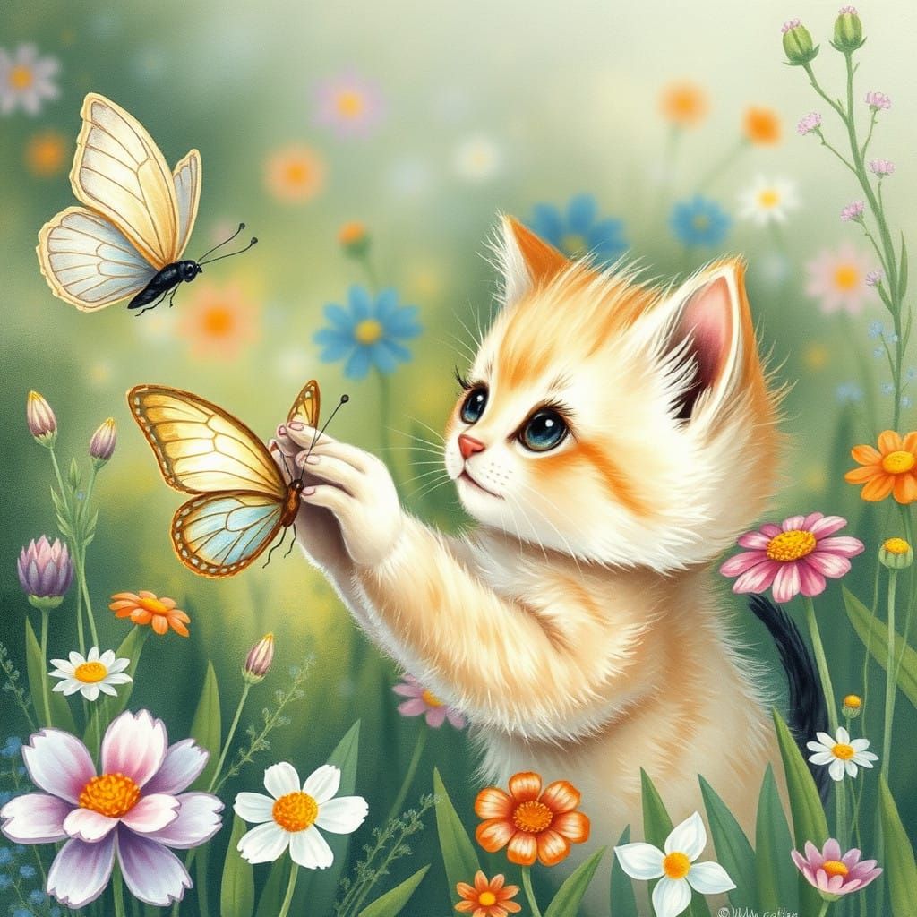 Fairy Tale Kitten Chases Iridescent Butterfly in Whimsical F...