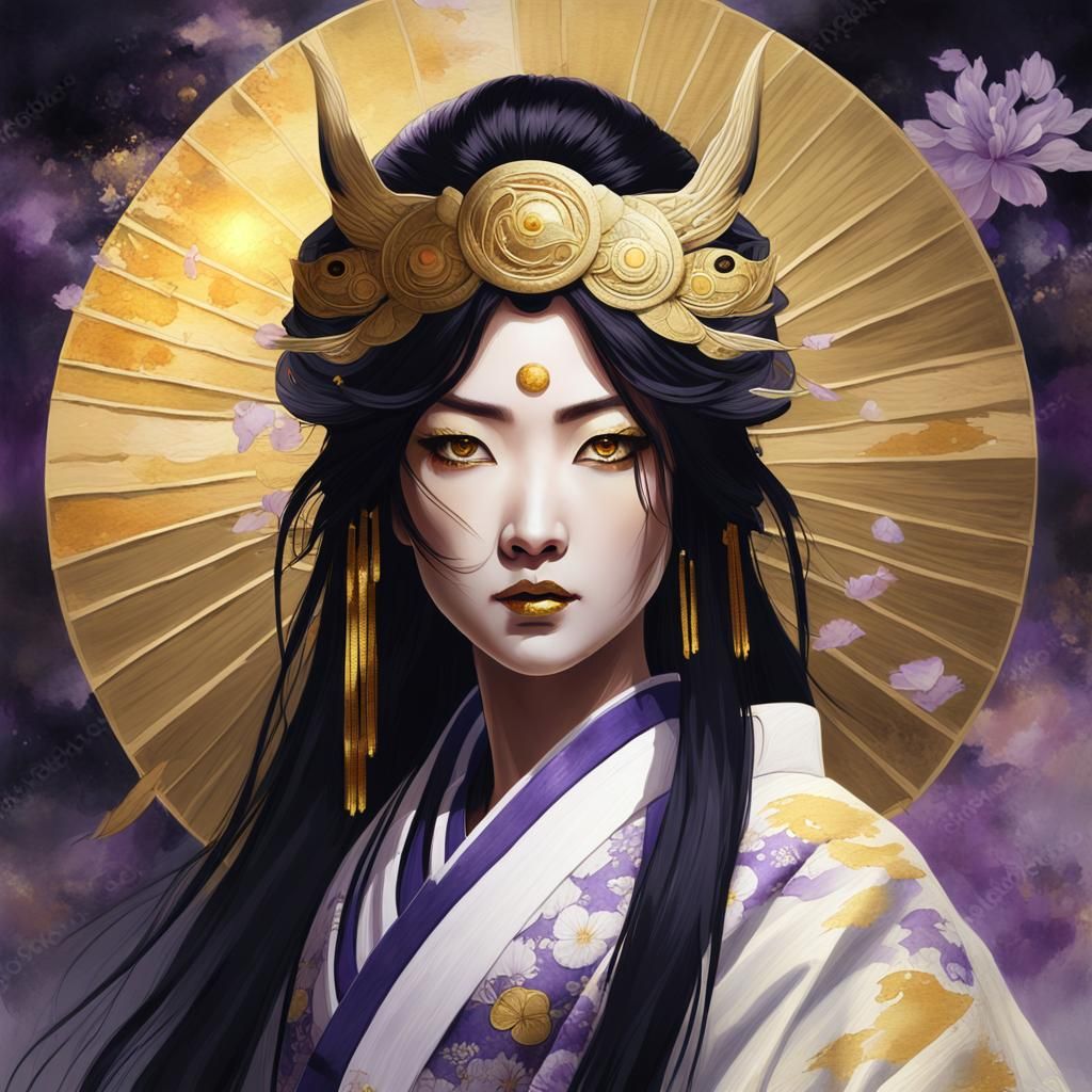 Amaterasu: Japanese Goddess in Dark Fantasy Oil Painting