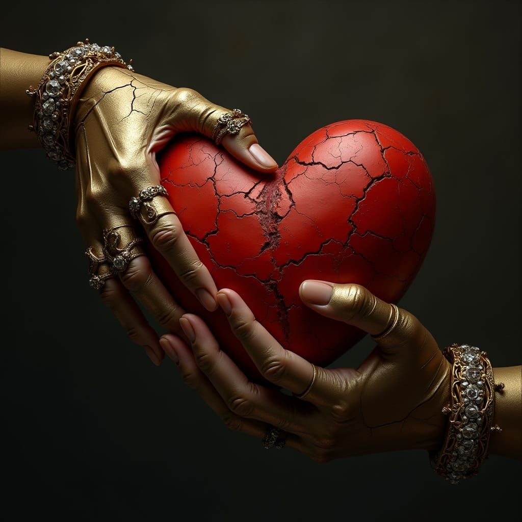 Golden Hand Reaches for a Fractured Crimson Heart