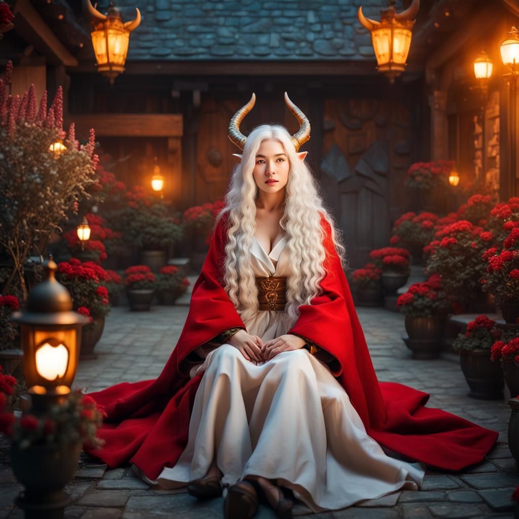 Fantasy Korean Woman with Golden Horns in Courtyard